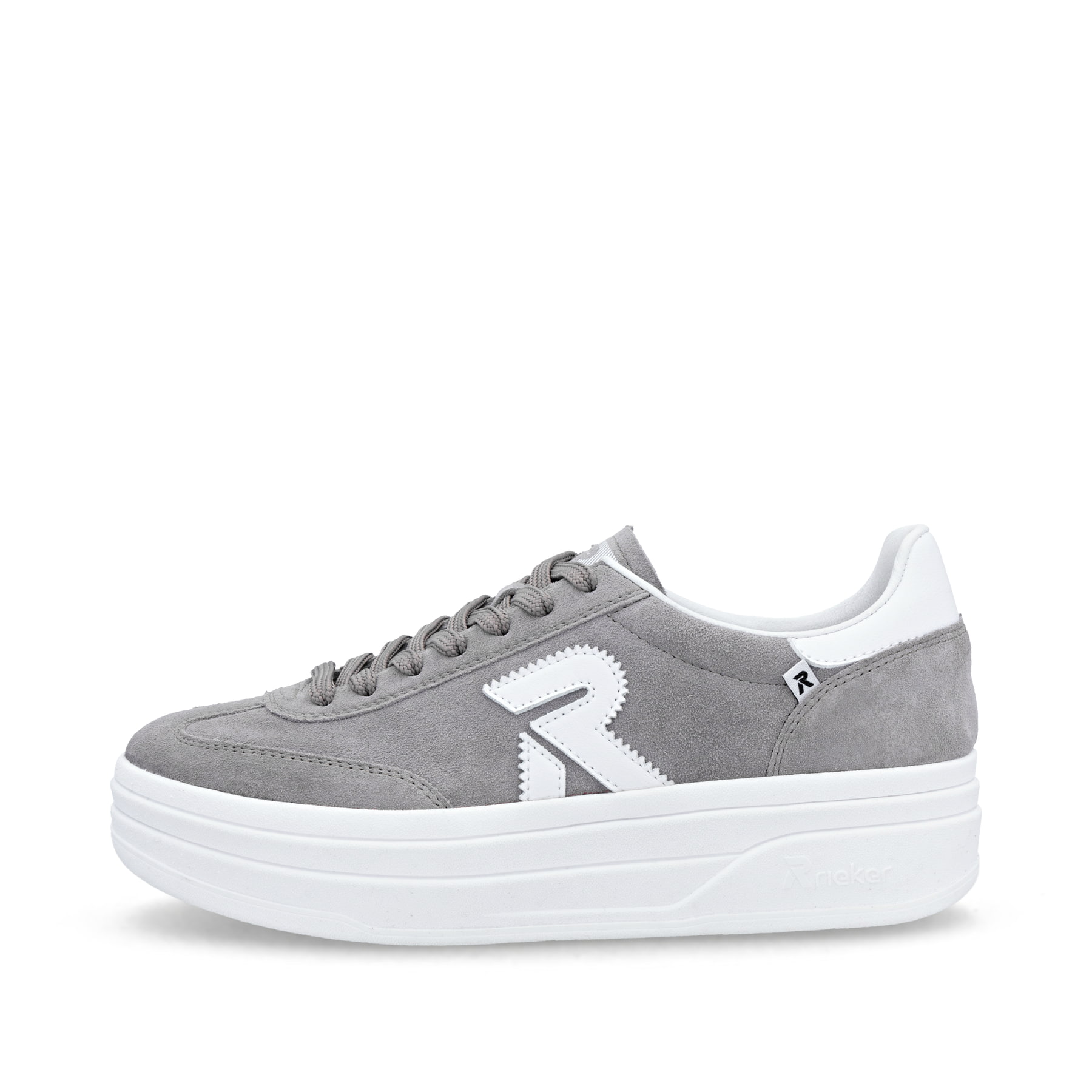 Graue Rieker Damen Sneaker Low W3700-40 mit einer Schnürung. Schuh Außenseite.