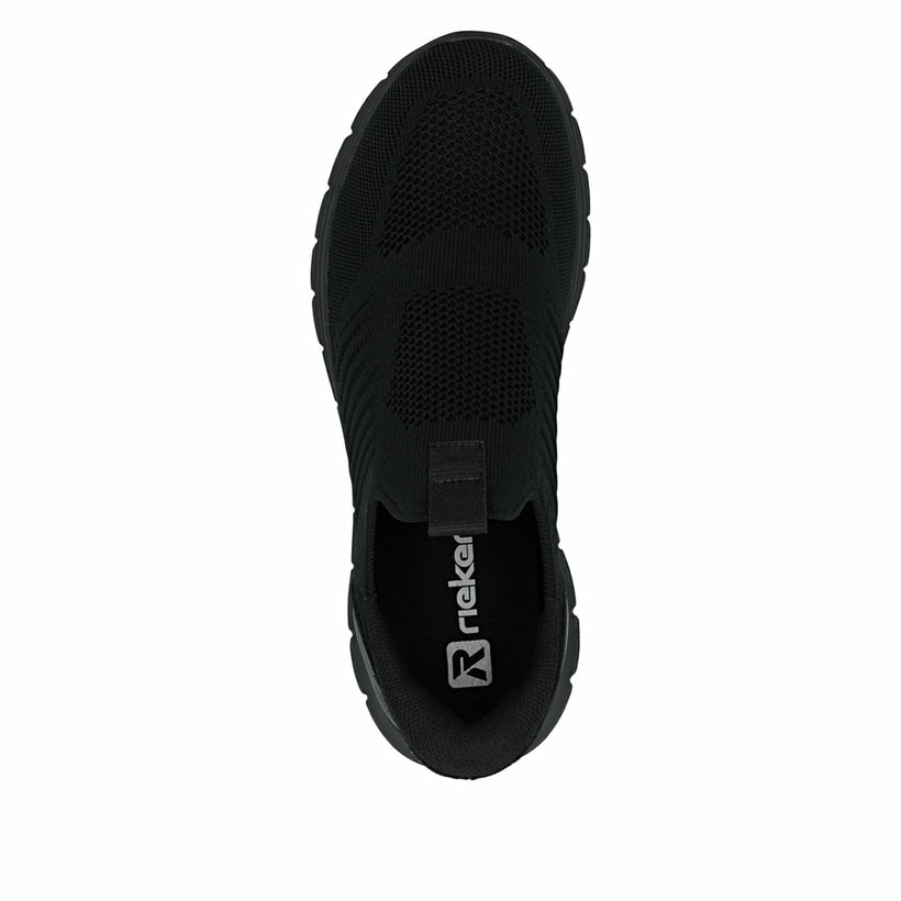 Schwarze Rieker Herren Slipper B6659-01 mit easy Hineinschlüpf-Möglichkeit. Schuh von oben.
