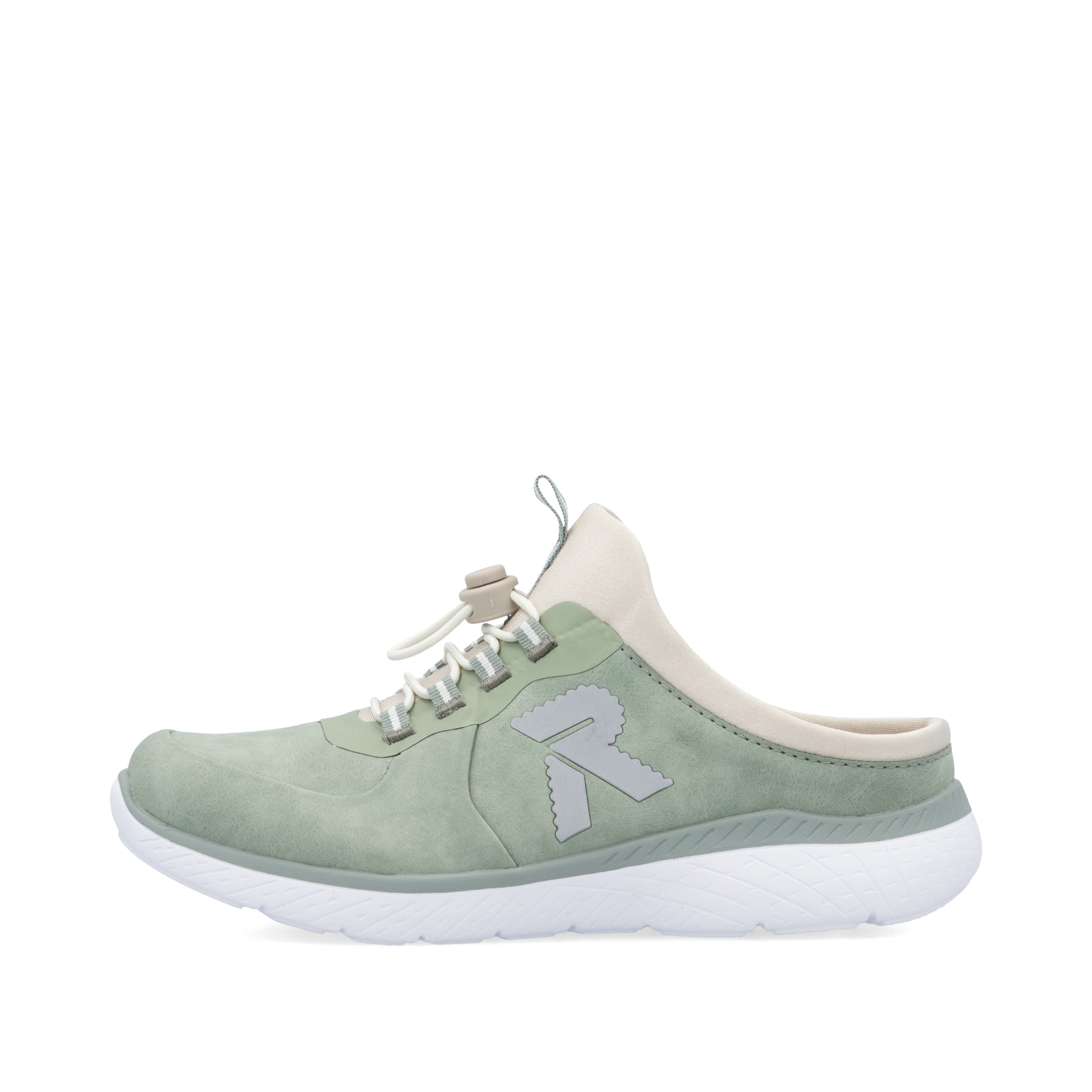 Grüne Rieker Damen Clogs M5056-52 mit einem Gummizug sowie einer flexiblen Sohle. Schuh Außenseite.