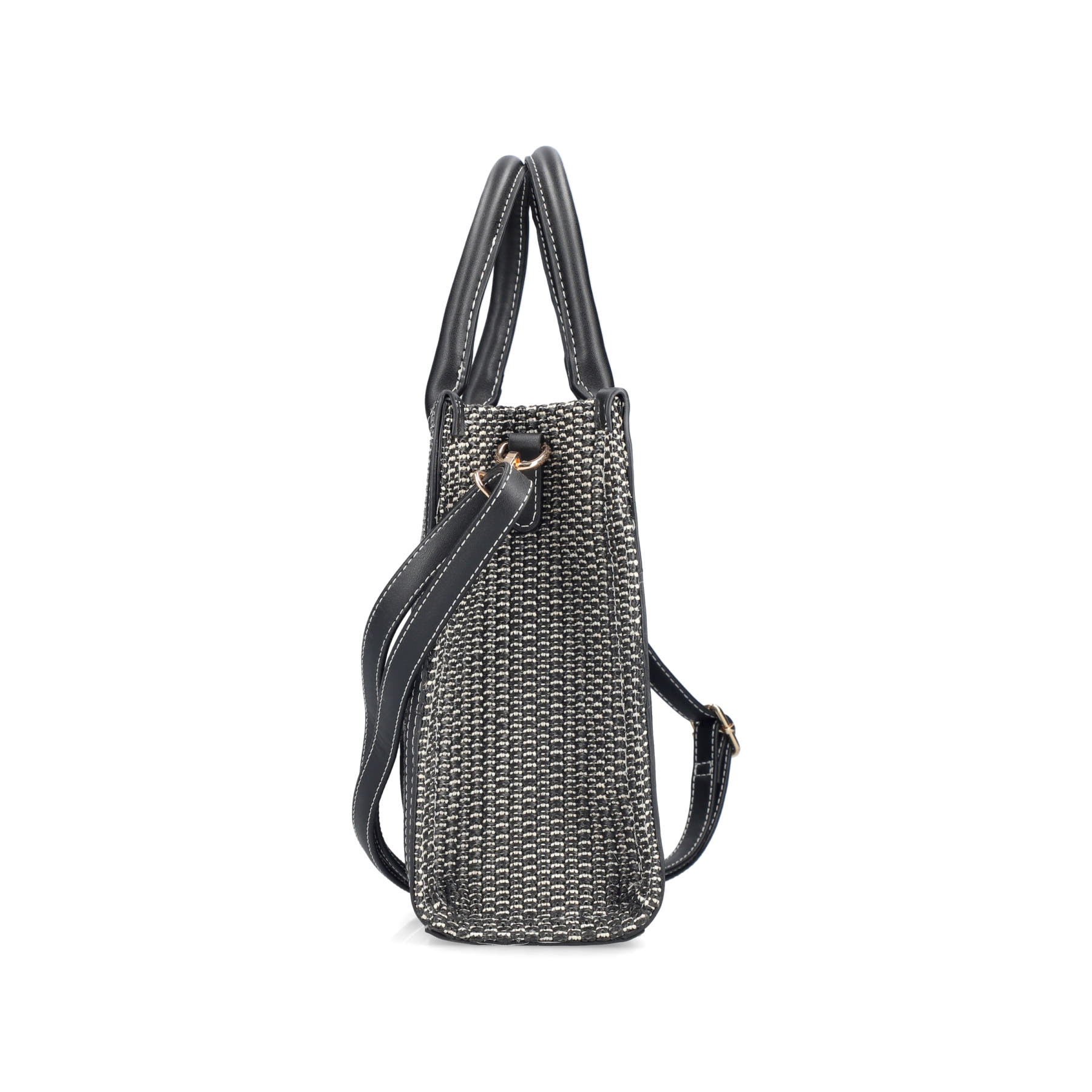 Sac à main Rieker H1013-92 noir avec style raphia et fermeture éclair. Ouvert.