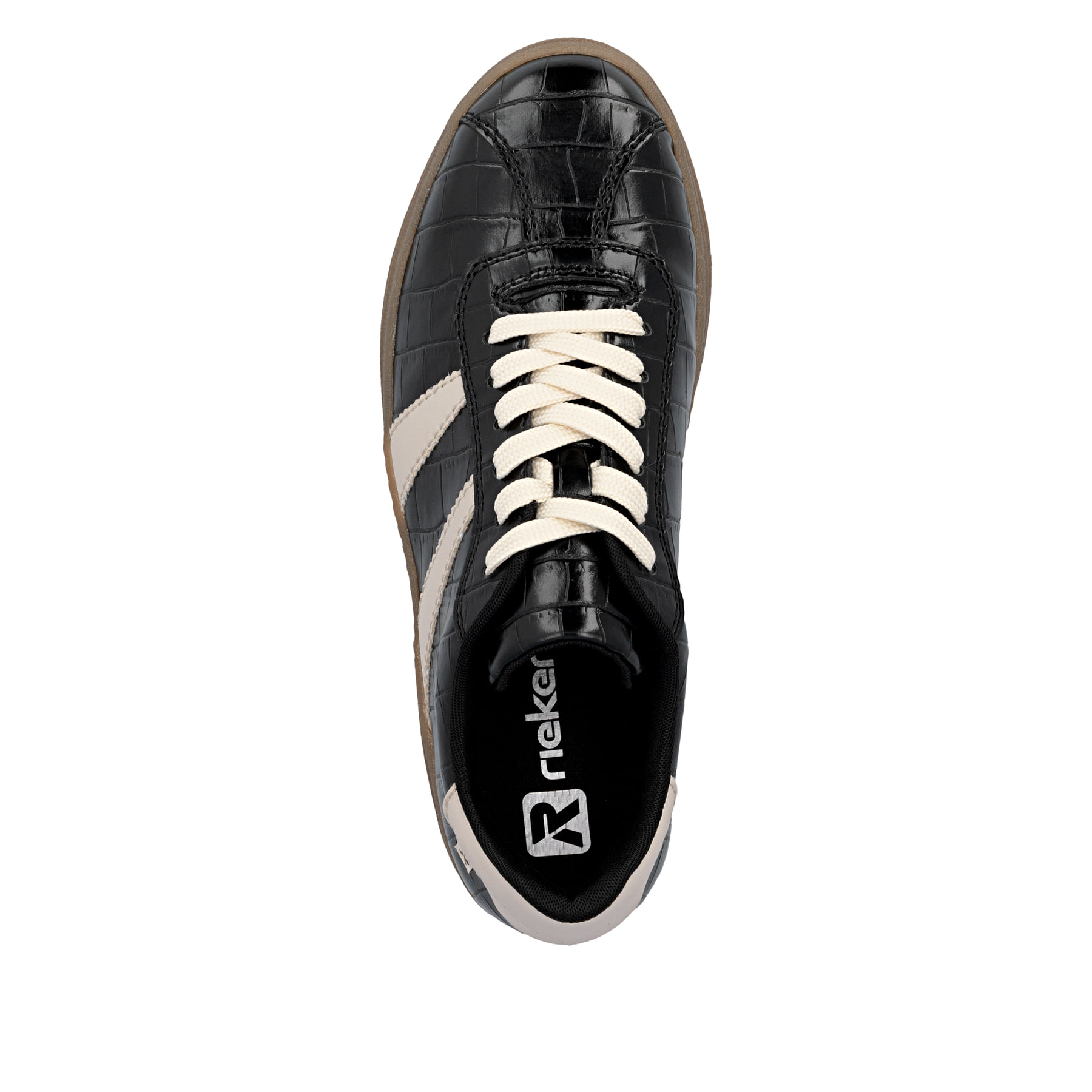 Vegane, schwarze Rieker Damen Sneaker Low M7601-00 mit einer Schnürung. Schuh von oben.