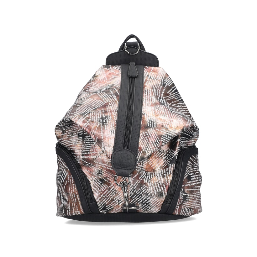 Rieker Rucksack H1055-96 in Metallic mit Textprint, Reißverschluss, Handyfach und praktischem Karabiner. Vorderseite.