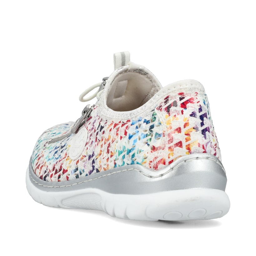 Mehrfarbige Rieker Damen Slipper L3252-90 mit Deko-Reißverschluss sowie Gummizug. Schuh von hinten.