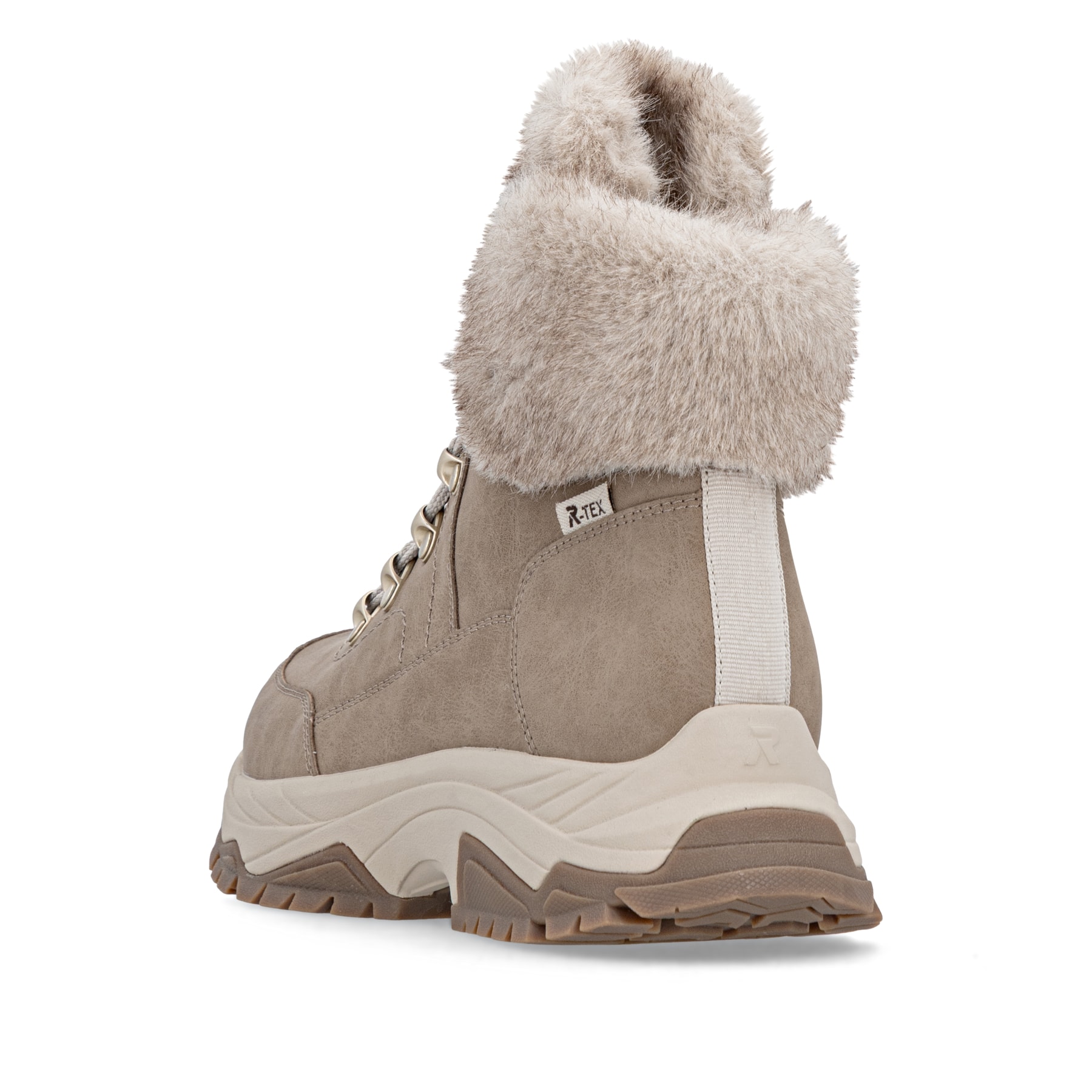 Beige Rieker Damen Schnürstiefel W3971-20 aus Glattleder. Schuh von hinten.