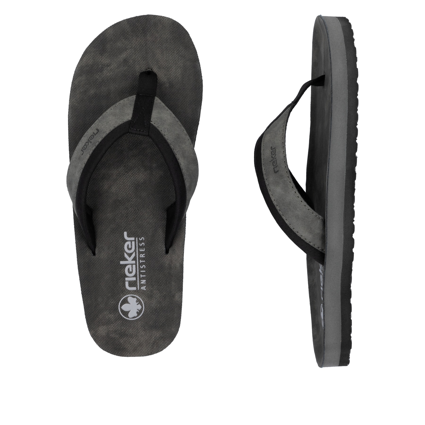 Graue Rieker Herren Zehentrenner 20151-45 mit der Komfortweite G. Schuh von oben, liegend.