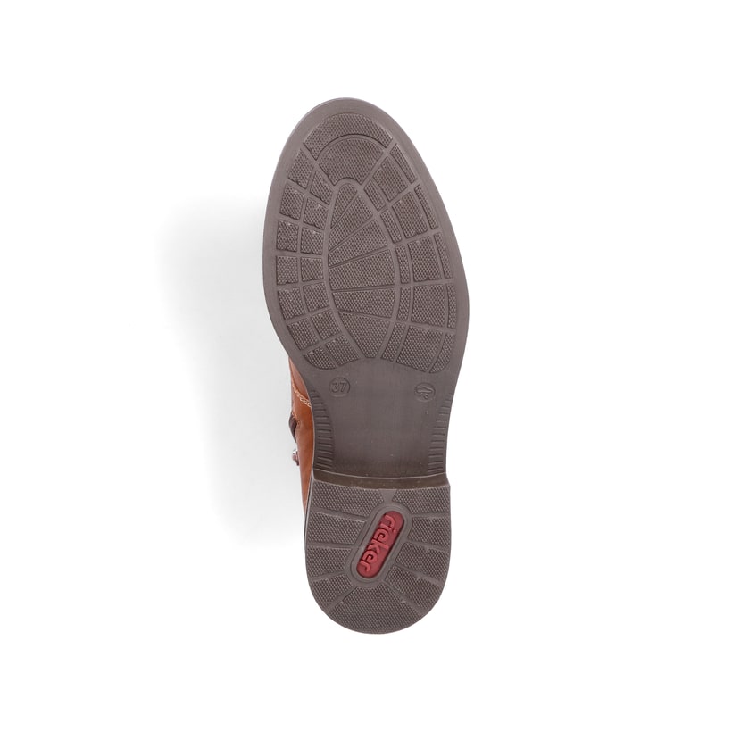 Braune Rieker Damen Schnürstiefel 71440-25 mit rundem Logo sowie Reißverschluss. Schuh Laufsohle.