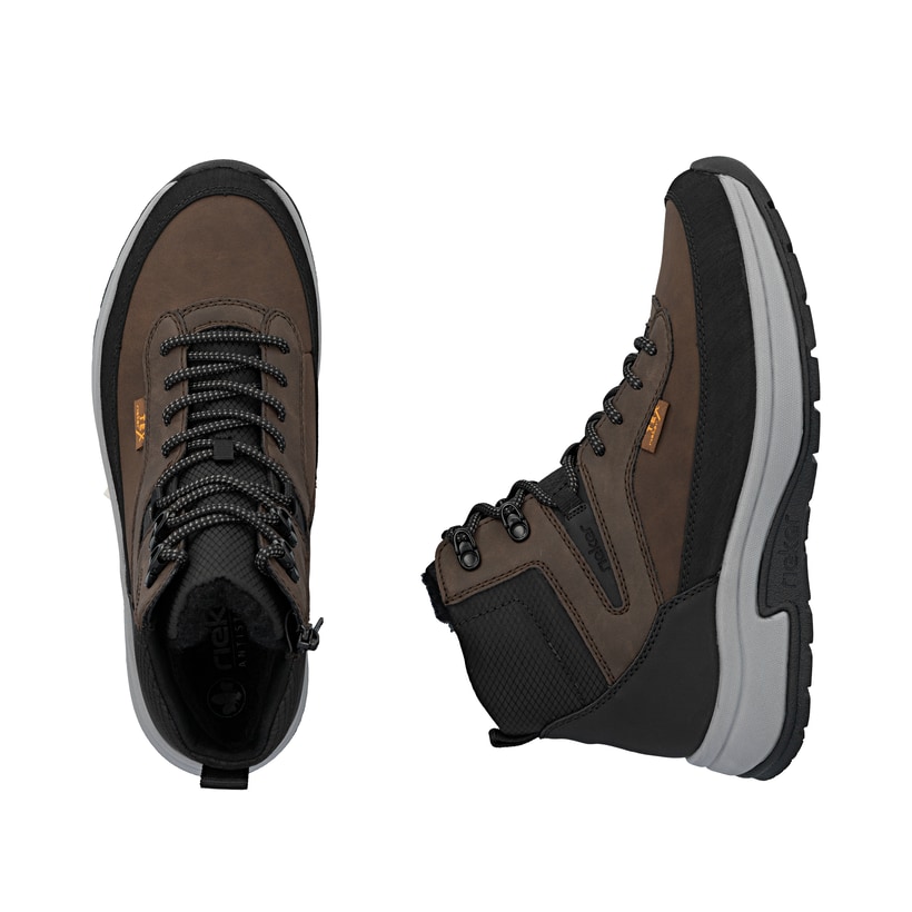 Braune Rieker Herren Schnürstiefel 11005-22 mit wasserabweisender TEX-Membran. Schuh von oben, liegend.