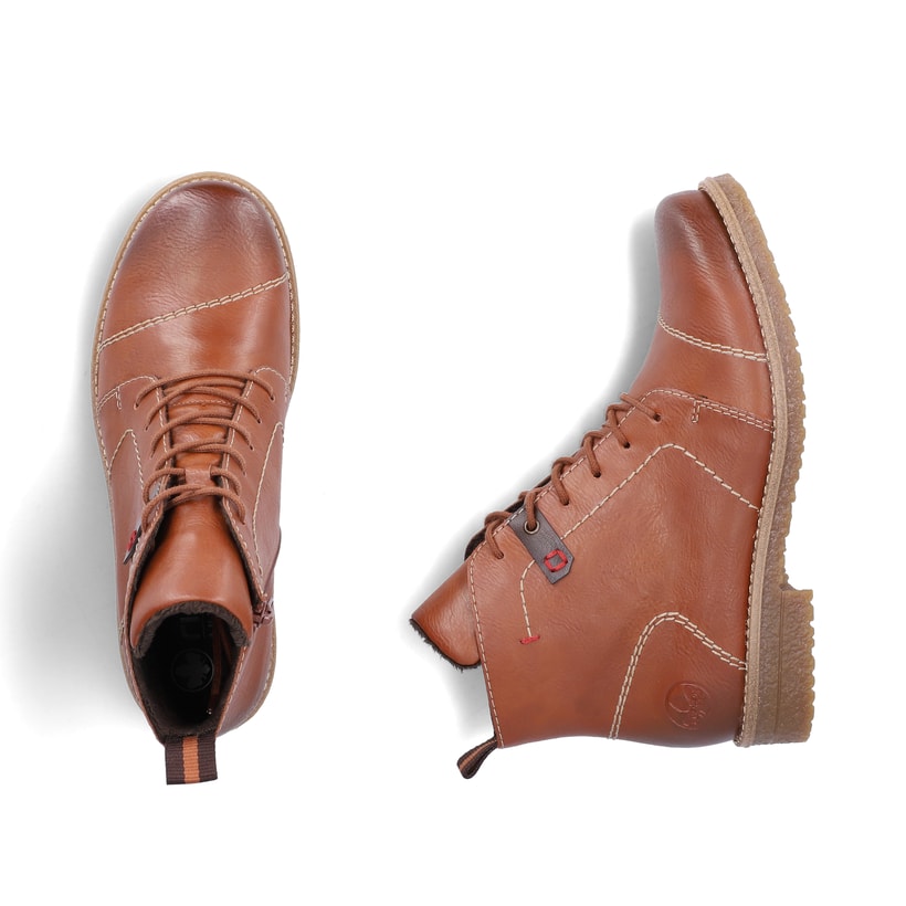 Braune Rieker Damen Schnürstiefel 73501-24 mit modernen Ziernähten. Schuh von oben, liegend.
