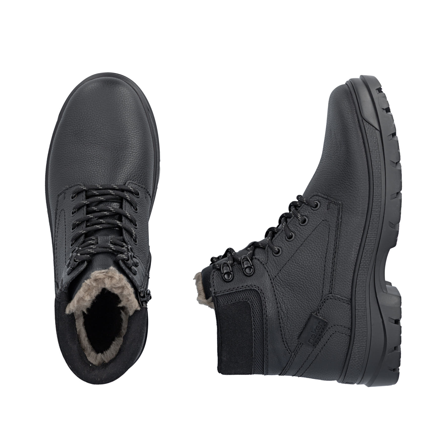 Schwarze Rieker Herren Schnürstiefel F5400-00 aus Glattleder mit Flip-Grip Sohle. Schuh von oben, liegend.