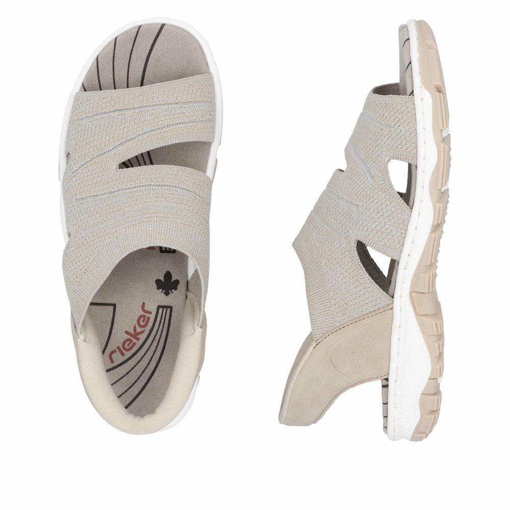 Beige vegane Rieker Damen Trekkingsandalen 68895-64 mit Ready2GO Slip-in Feature. Schuh von oben, liegend.