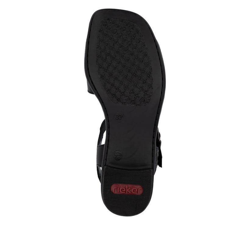 Sandales Rieker noires femme 62685-00 en cuir lisse avec boucle tendance. Semelle extérieure de la chaussure.