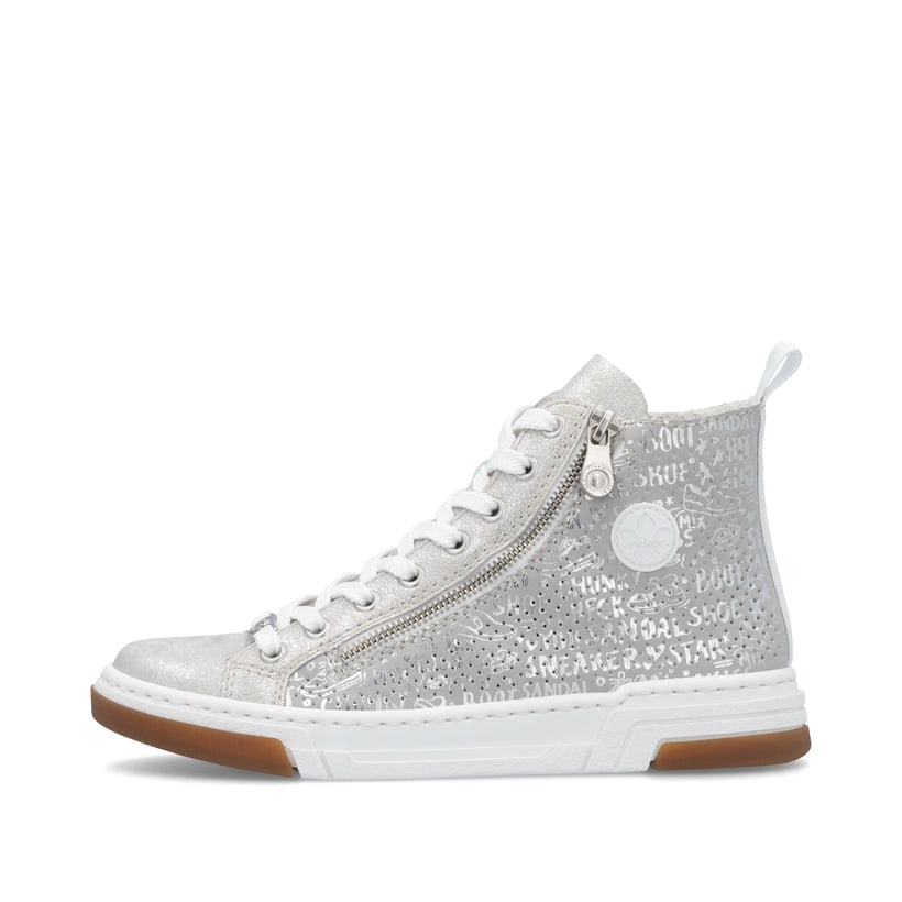 Graue Rieker Damen Sneaker High N3945-40 in Löcheroptik mit einem Reißverschluss. Schuh Außenseite.