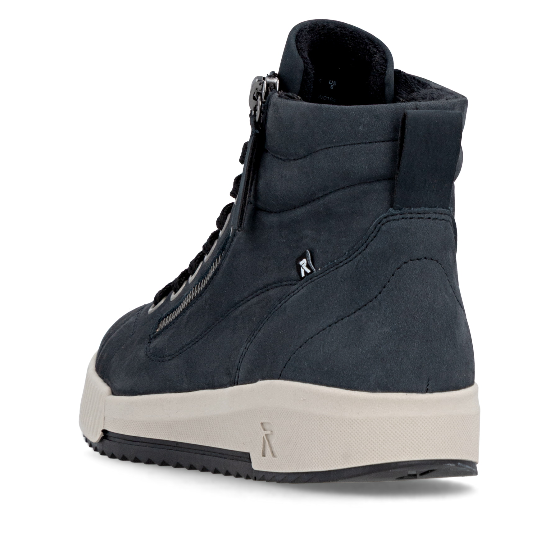 Blaue Rieker Damen Sneaker High W0164-14 mit einer leichten und griffigen Sohle. Schuh von hinten.