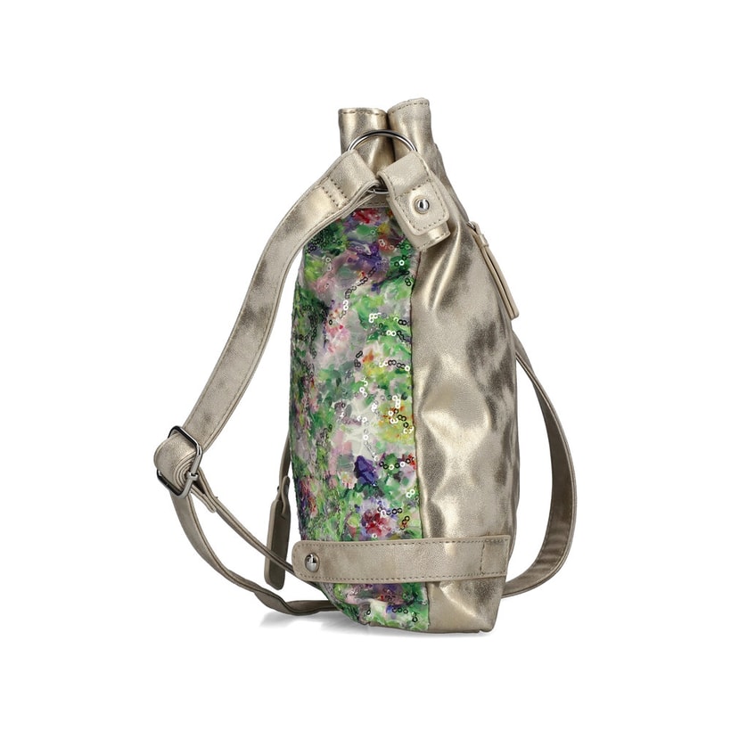 Sac à main Rieker H1304-90 vert brodé de sequins, de détails argentés et de fermeture éclair. Côté gauche.