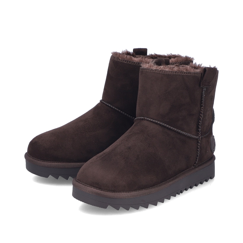 Dunkelbraune Rieker Damen Kurzstiefel 99870-25 mit der Komfortweite G. Schuhpaar seitlich schräg.