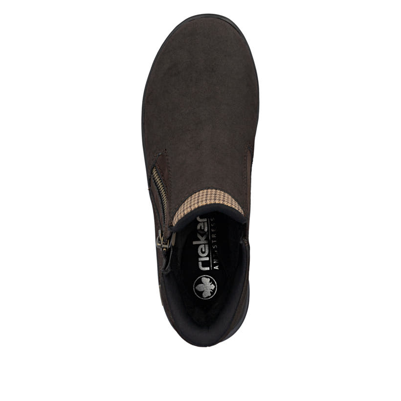 Dunkelbraune Rieker Damen Kurzstiefel Z0059-25 mit wasserabweisender TEX-Membran. Schuh von oben.