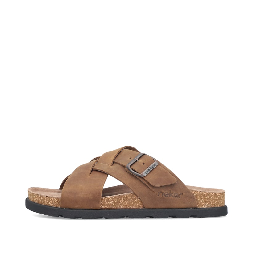 Braune Rieker Herren Pantoletten 21193-25 mit einer Schnalle sowie Extraweite H. Schuh Außenseite.
