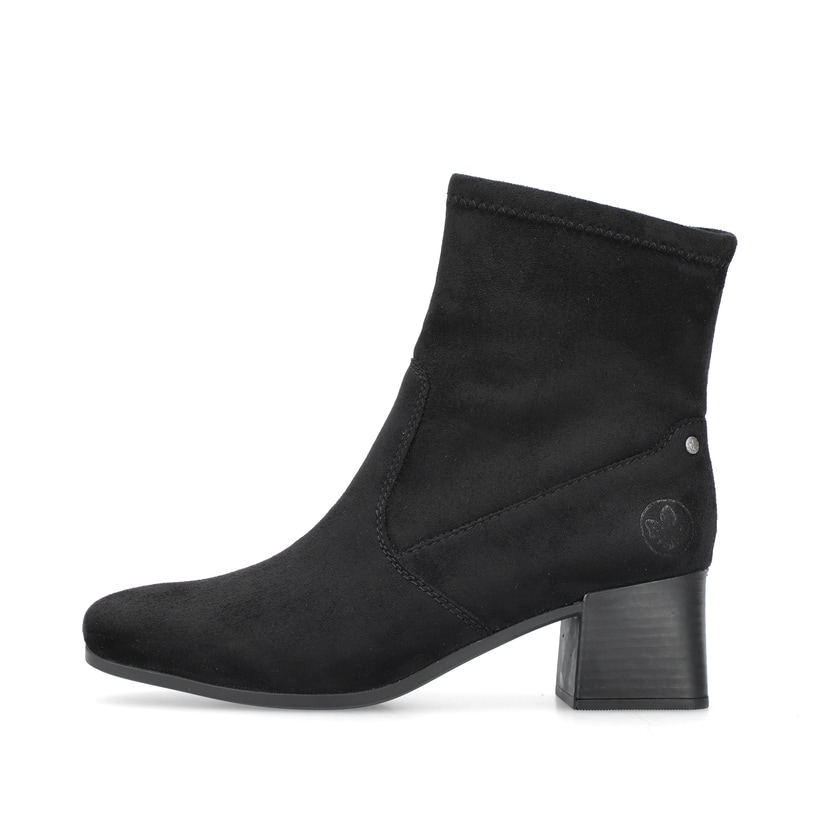 
Tiefschwarze Rieker Damen Stiefeletten 70971-00 mit Reißverschluss sowie Blockabsatz. Schuh Außenseite