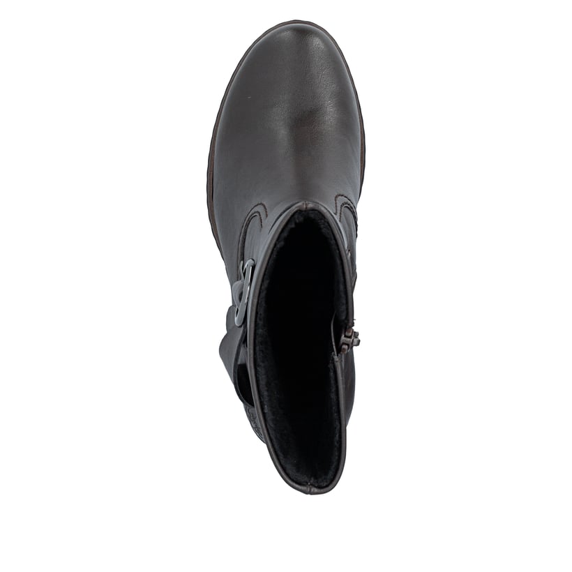 Dunkelbraune Rieker Damen Stiefeletten Y2590-25 mit einem Reißverschluss. Schuh von oben.