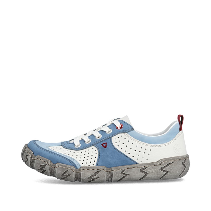 Weißblaue Rieker Damen Schnürschuhe L0307-80 mit eleganten Zierlochungen. Schuh Außenseite.