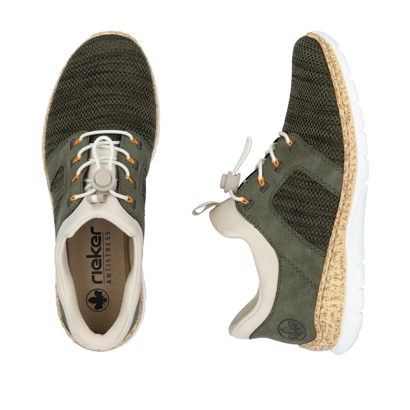 Chaussons Rieker verts pour femme N42G4-54 avec fonction slip-in Ready2GO. Chaussure vue de dessus, couchée.