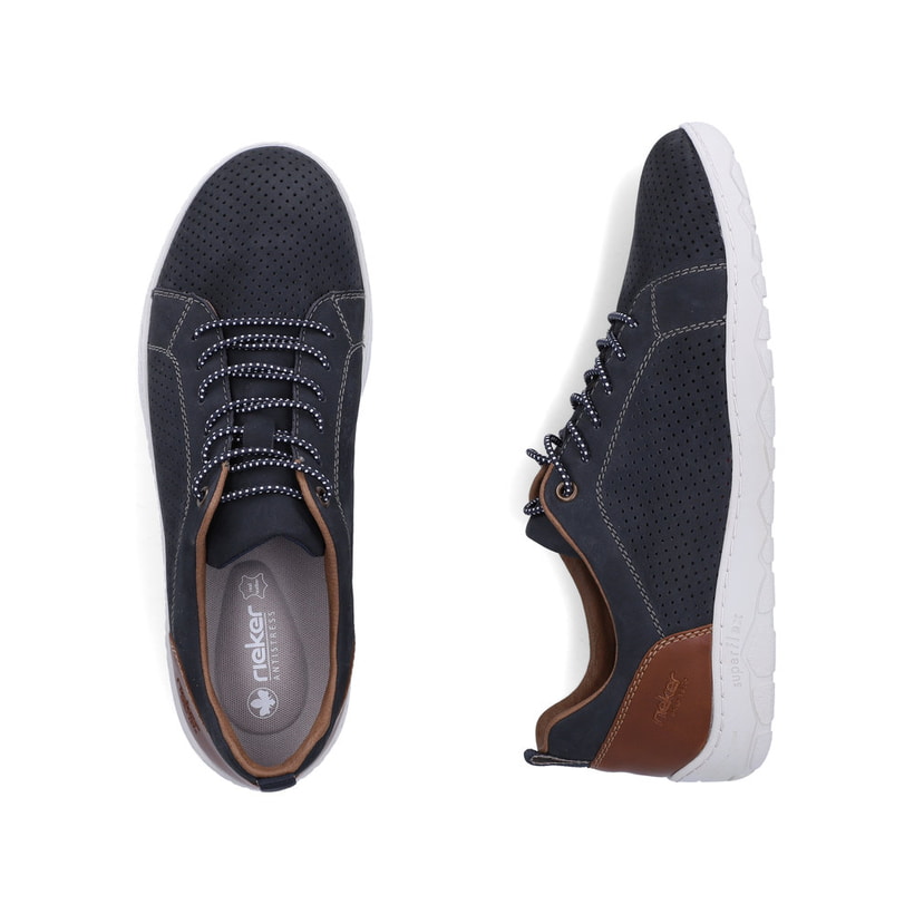 Mocassins Rieker bleus pour homme 08315-14 en cuir velours. Chaussure vue de dessus, couchée.