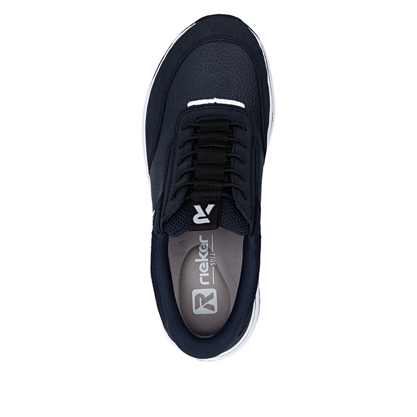 Blaue Rieker Damen Slipper L5850-14 mit Ready2GO easy in Funktion sowie Gummizug. Schuh von oben.