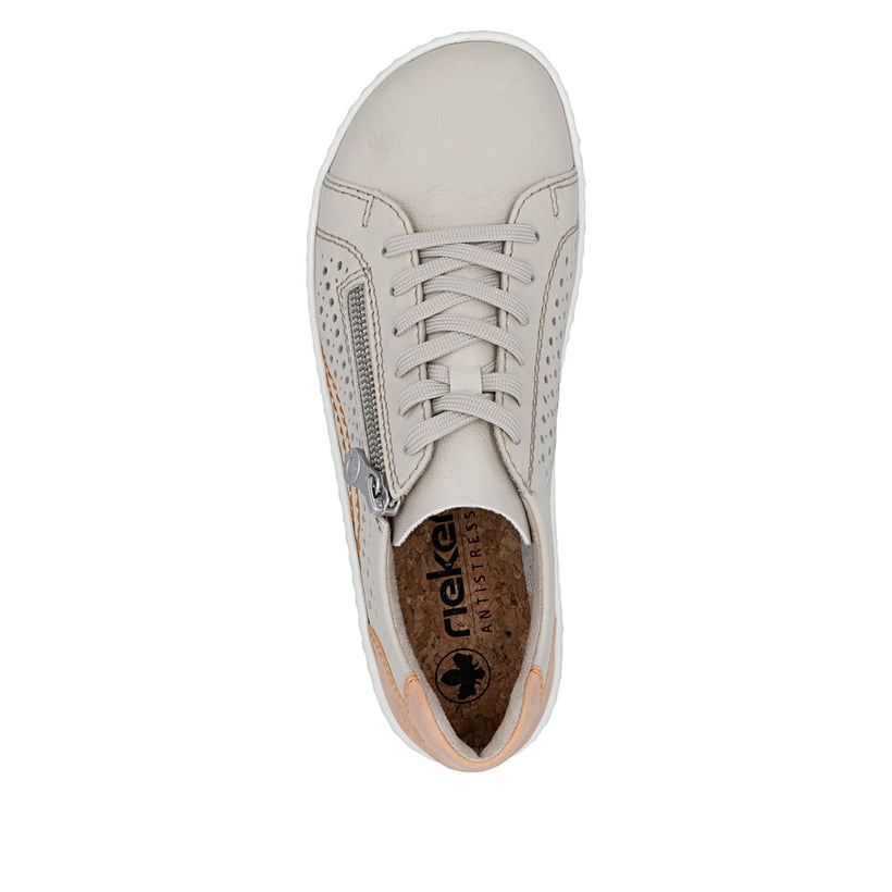 Beige Rieker Damen Schnürschuhe 52824-60 aus Glattleder, Barfußschuhe. Schuh von oben.