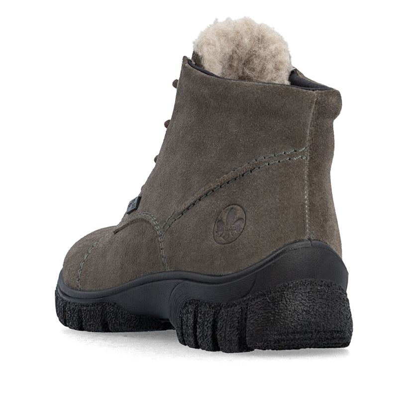 Dunkelgraue Rieker Damen Schnürstiefel Z7218-45 aus Rauleder. Schuh von hinten.