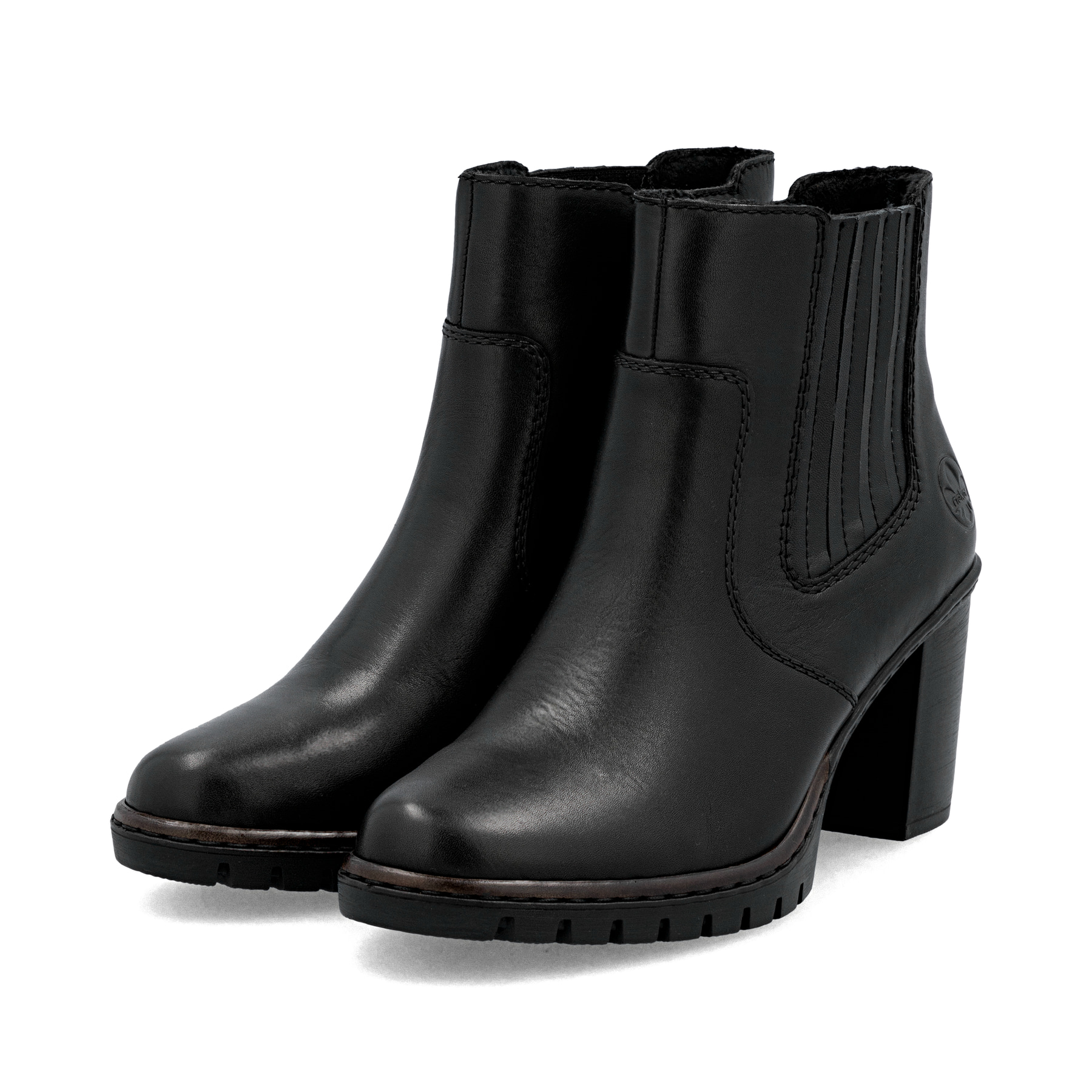 Schwarze Rieker Damen Stiefeletten Y2577-00 aus Glattleder mit Reißverschluss. Schuhpaar seitlich schräg.