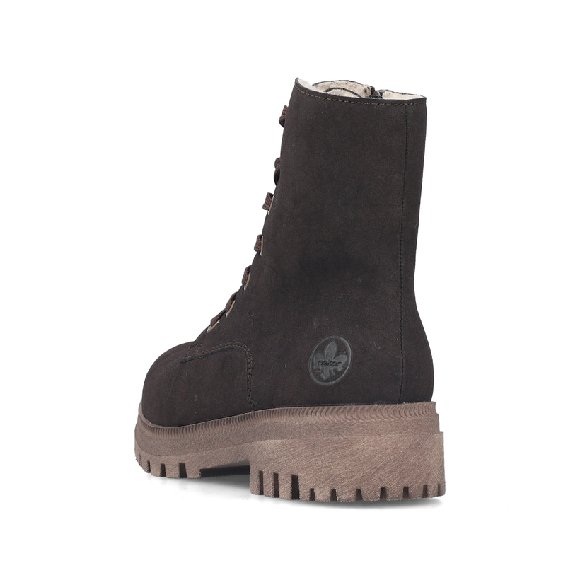 Dunkelbraune Rieker Damen Biker Boots Y7622-25 mit einem Reißverschluss. Schuh von hinten.