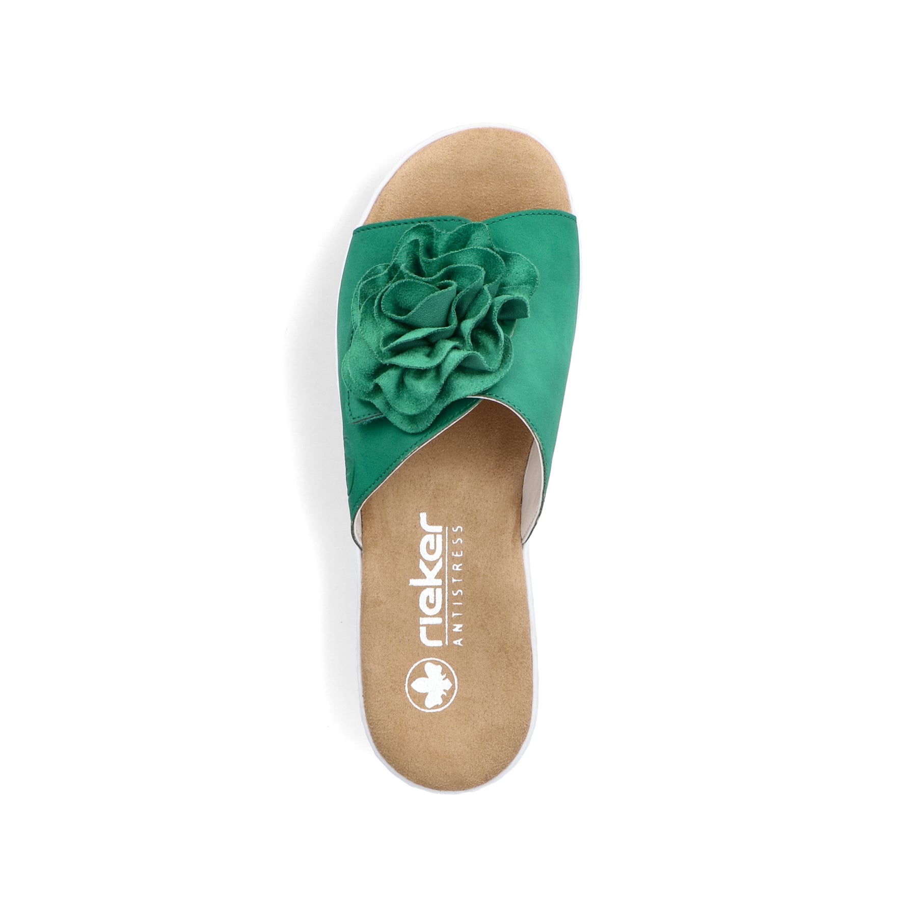 Grüne Rieker Damen Pantoletten V0252-52 mit dekorativer Blume. Schuh von oben.