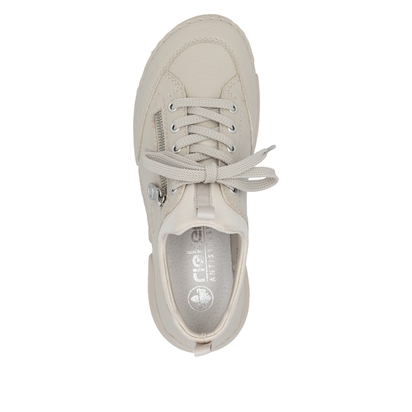 Beige Rieker Damen Slipper 45973-60 mit Gummizug sowie extra weicher Decksohle. Schuh von oben.