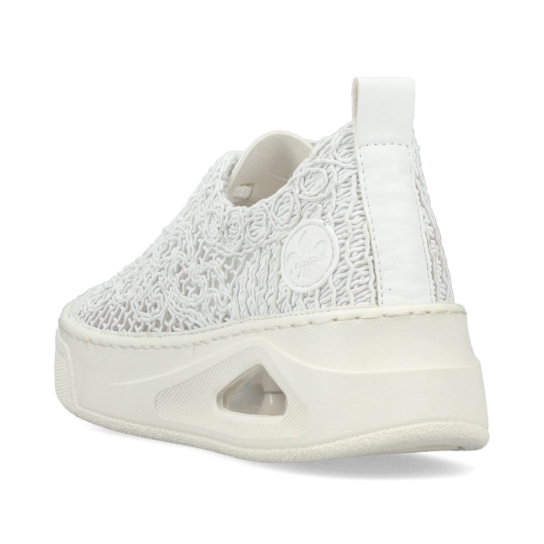 Weiße Rieker Damen Sneaker Low N6409-80 mit Rieker Air Sohlenfenster. Schuh von hinten.