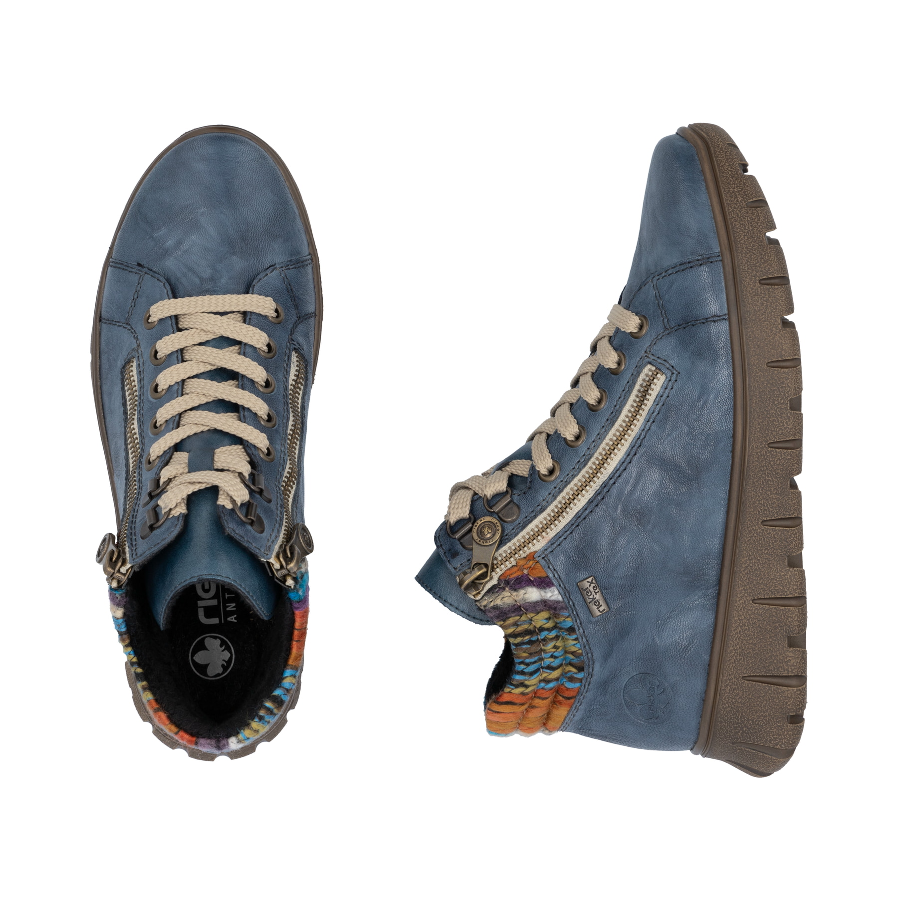 Blaue Rieker Damen Schnürstiefel N1305-14 aus Glattleder. Schuh von oben, liegend.