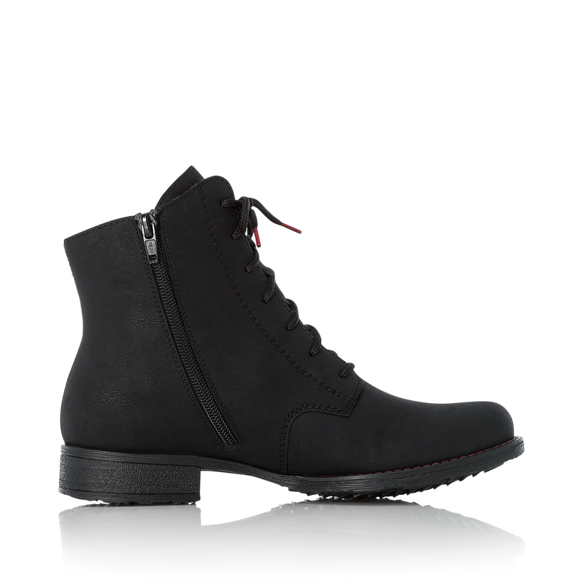 Graphitschwarze Rieker Damen Schnürstiefel 70821-00 mit Schnürung und Reißverschluss. Schuh Innenseite