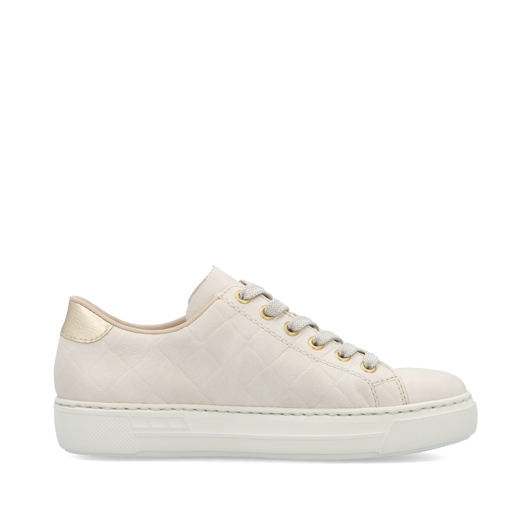 Beige Rieker Damen Sneaker Low L9800-80 in Löcheroptik mit einer Schnürung. Schuh Innenseite.