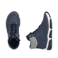 Dunkelblaue Rieker Damen Schnürstiefel 45955-15 mit Strick-Kragen. Schuh von oben, liegend.
