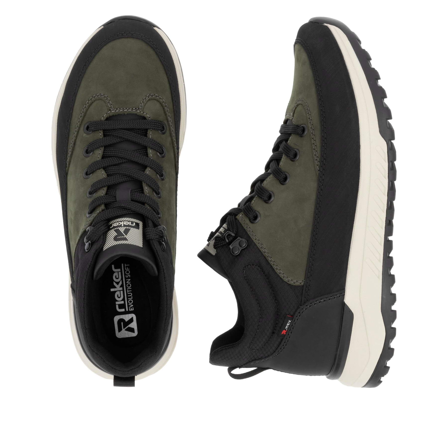 Grüne Rieker Herren Sneaker High U0173-54 mit wasserabweisender TEX-Membran. Schuh von oben, liegend.