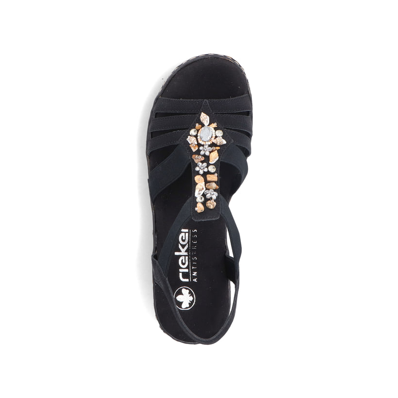 Schwarze Rieker Keilsandaletten 62949-00 mit Schmuckelementen sowie Gummizug. Schuh von oben.