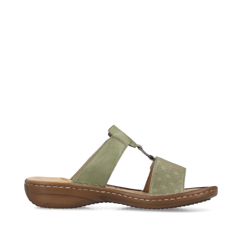 Grüne Rieker Damen Pantoletten 60885-54 mit einem Klettverschluss. Schuh Innenseite.
