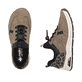 Braun-schwarze Rieker Damen Slipper 44551-24 mit Rieker Air Sohlenfenster. Schuh von oben, liegend.