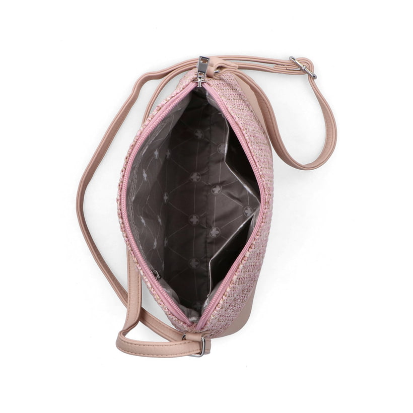 Sac à main Rieker H1510-93 rose avec fermeture éclair et compartiment antivol à l’arrière. Ouvert.