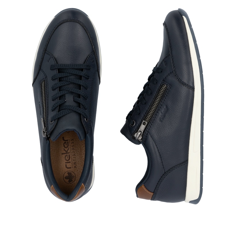 Blaue Rieker Herren Sneaker Low 11903-14 mit einem Reißverschluss. Schuh von oben, liegend.