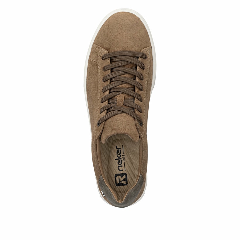 Braune Rieker Herren Sneaker Low U0701-22 aus Rauleder mit einer Schnürung. Schuh von oben.