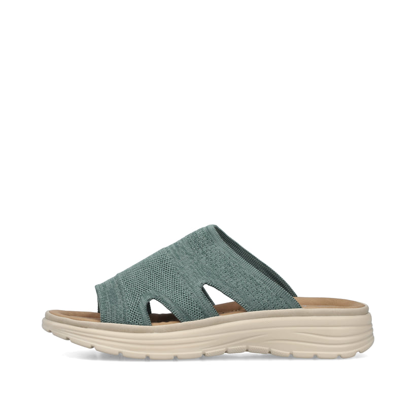 Grüne Rieker Damen Pantoletten V8580-52 mit Gummizug sowie einer leichten Sohle. Schuh Außenseite.