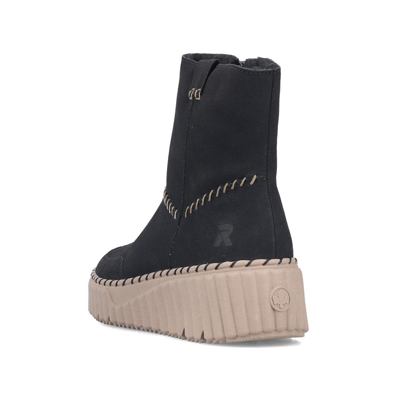 Schwarze Rieker Damen Kurzstiefel N2870-00 mit handgestickten Nähten. Schuh von hinten.