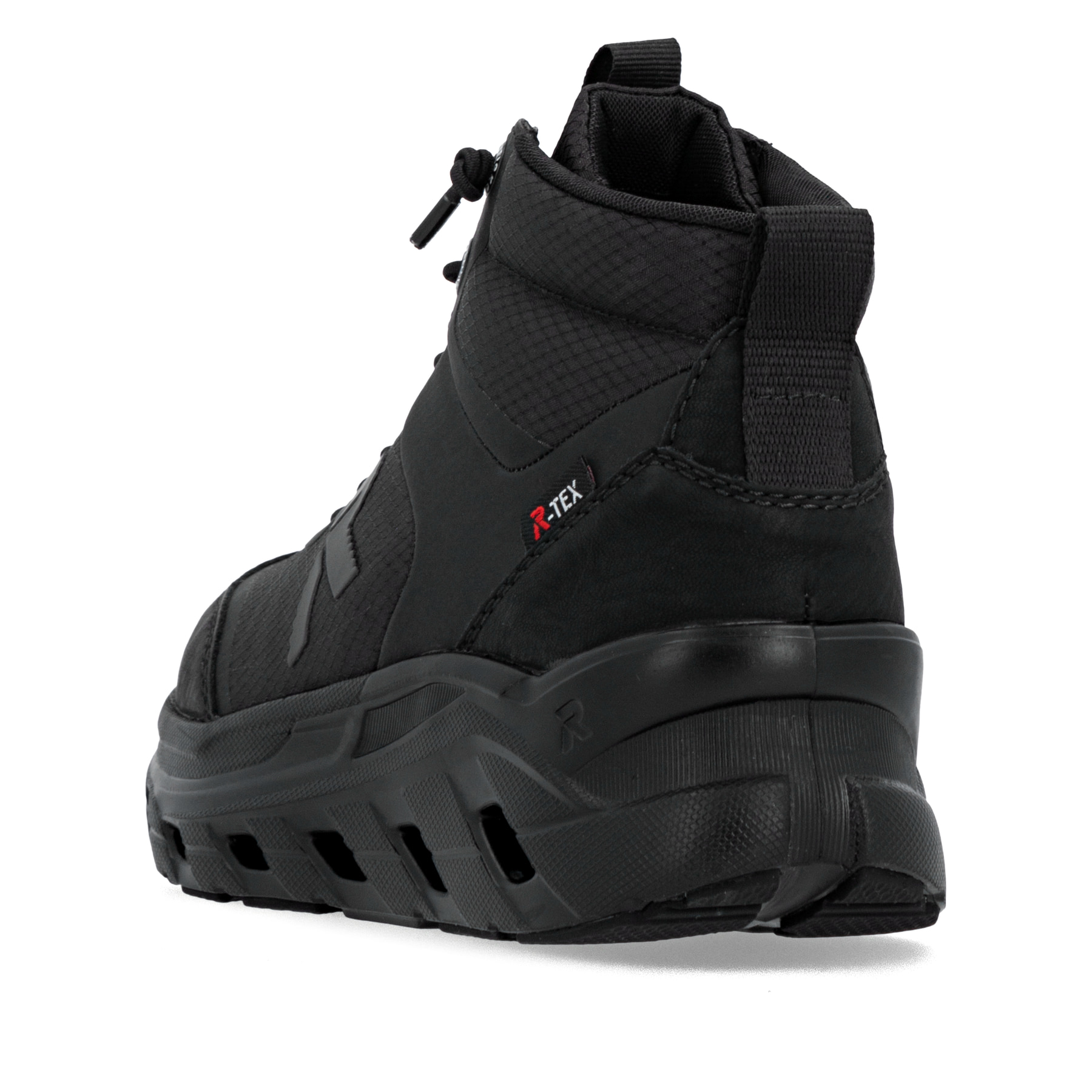 Schwarze Rieker Damen Sneaker High W3570-01 mit wasserabweisender TEX-Membran. Schuh von hinten.