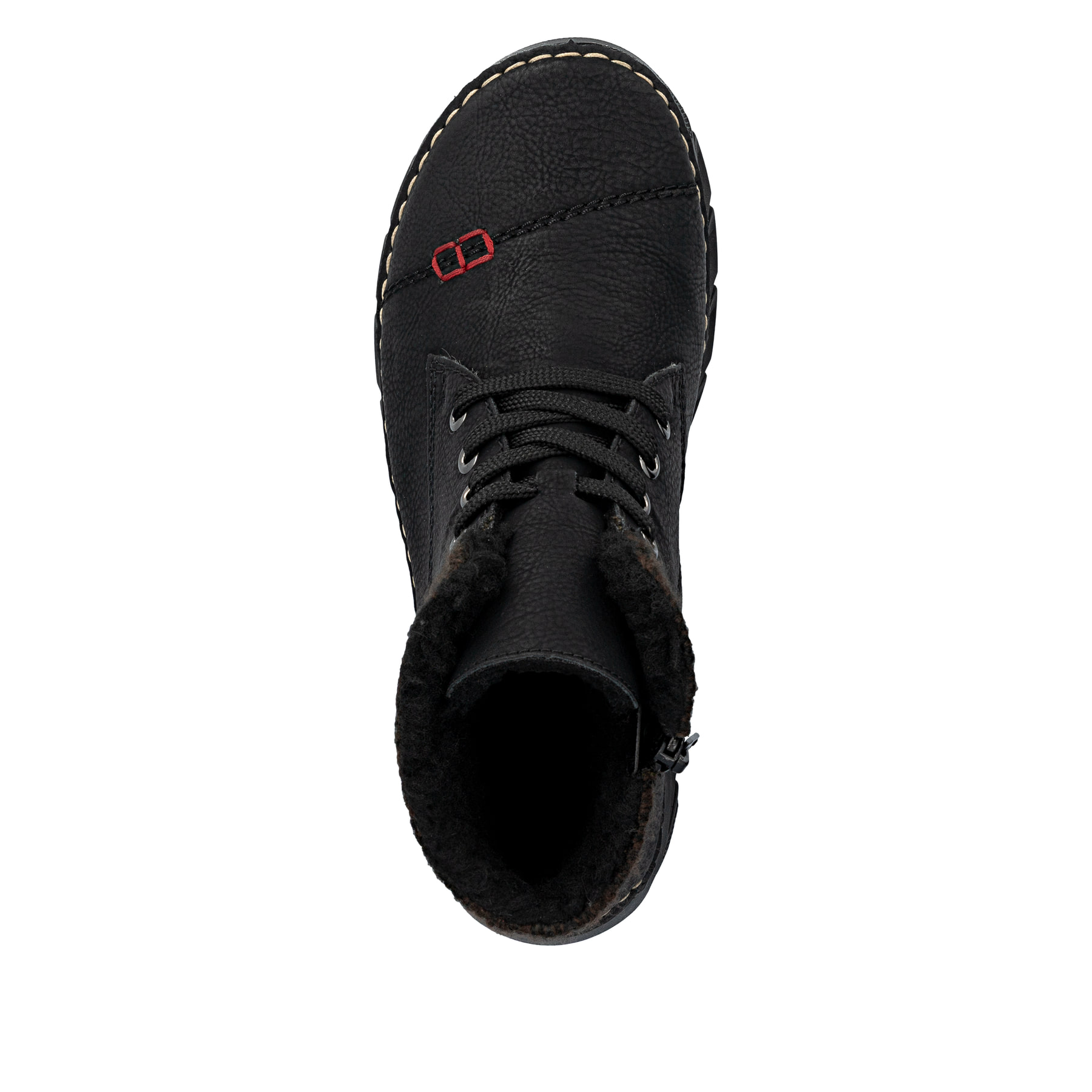 Schwarze Rieker Damen Schnürstiefel 55031-00 mit einem Reißverschluss. Schuh von oben.