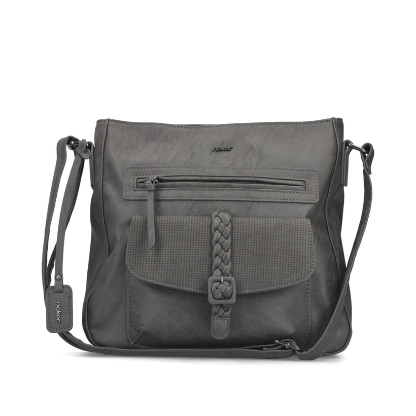 Sac à main Rieker H1340-42 gris avec lanière décorative tressée, fermeture éclair et poche pour téléphone portable. Face avant.